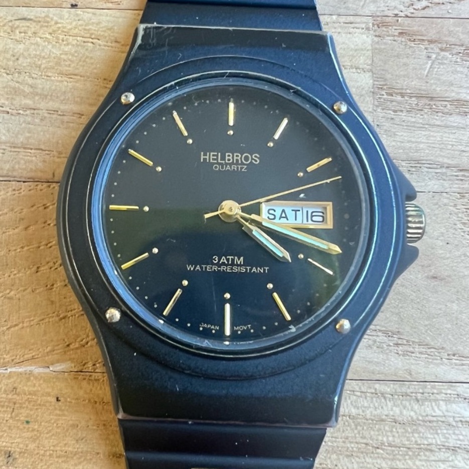 Helbros Mens Black Dial Black Watch New Battery